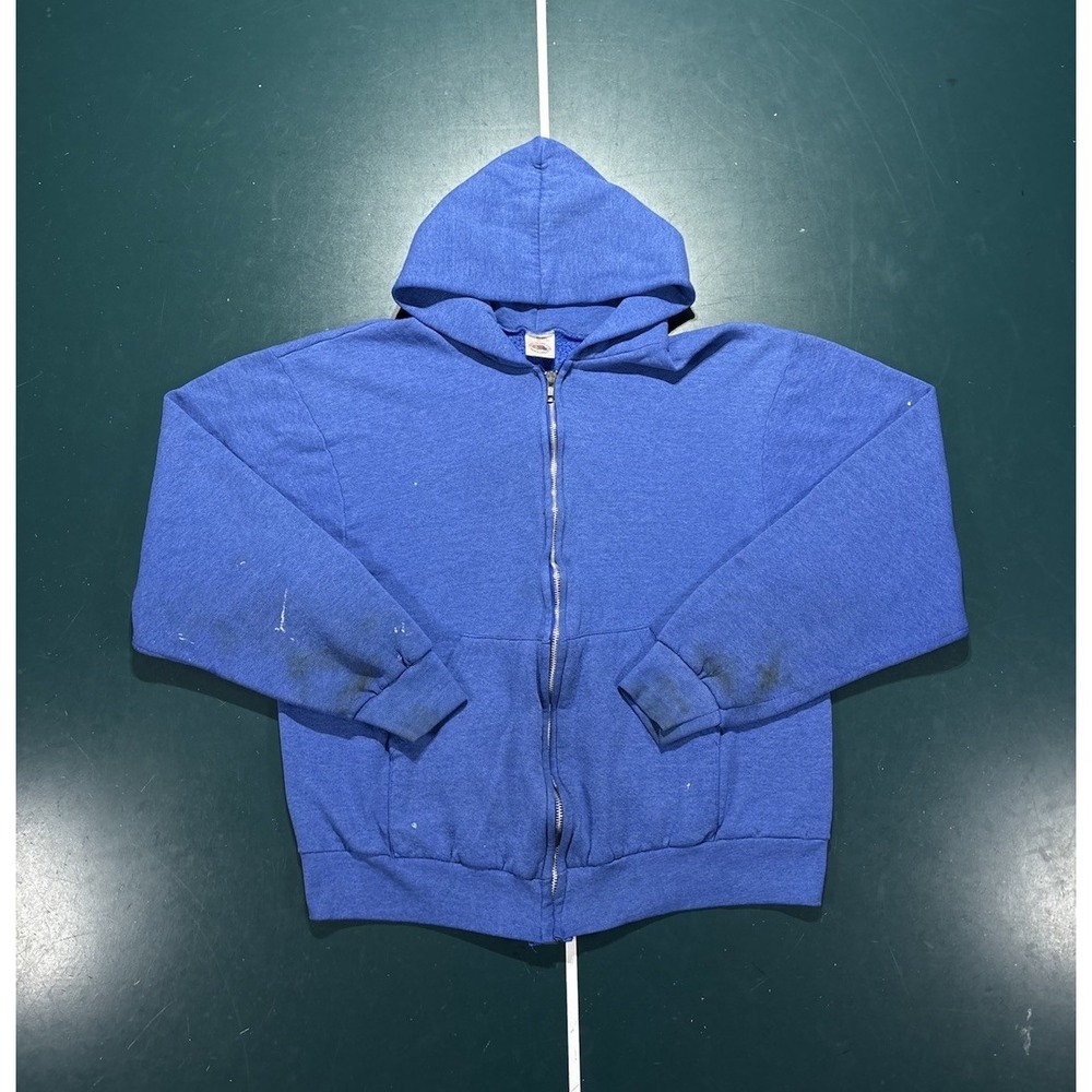 Vintage Fruit Of The Loom Full Zip Hoodie Boxy Medium Faded Blue Blank USA 90s